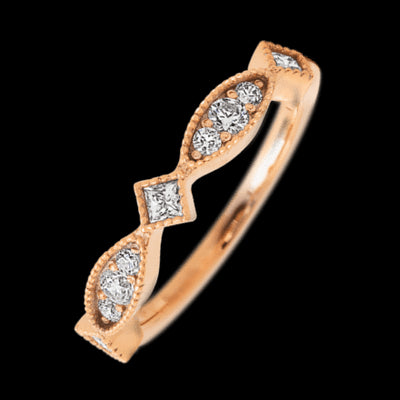 14K Rose Gold band with 2 Round, 4 Round and 3 Princess Lab Grown Diamond having TCW-.42