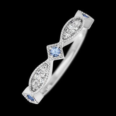 14K White Gold band with alternating 3 Round Denim Sapphire, 2 Round Lab Grown Diamond and 4 Round Lab Grown Diamond having TCW-.27