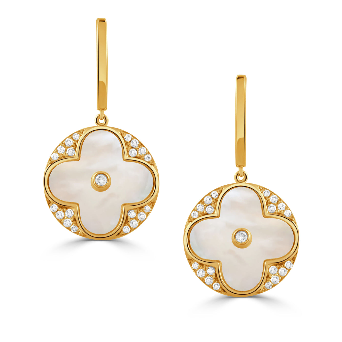 E11142WMP-1-18K YELLOW GOLD DIAMOND CLOVER EARRING WITH WHITE MOTHER OF PEARL ON A PLAIN GOLD UTOP