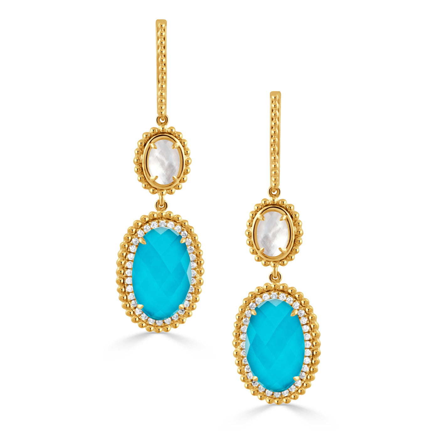 E11416WMPTQ-18K YELLOW GOLD DIAMOND EARRING WITH CLEAR QUARTZ OVER WHITE MOTHER OF PEARLTOP AND WITH CLEAR QUARTZ OVER TURQUOISE BOTTOM