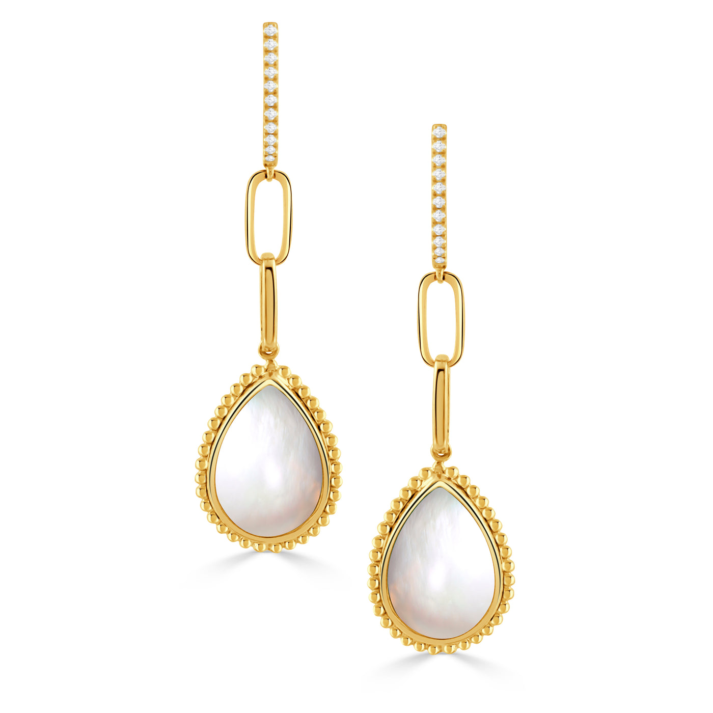 E11452WMP-18K YELLOW GOLD DIAMOND EARRING WITH CABOCHON CUT CLEAR QUARTZ OVER WHITE MOTHER OF PEARL