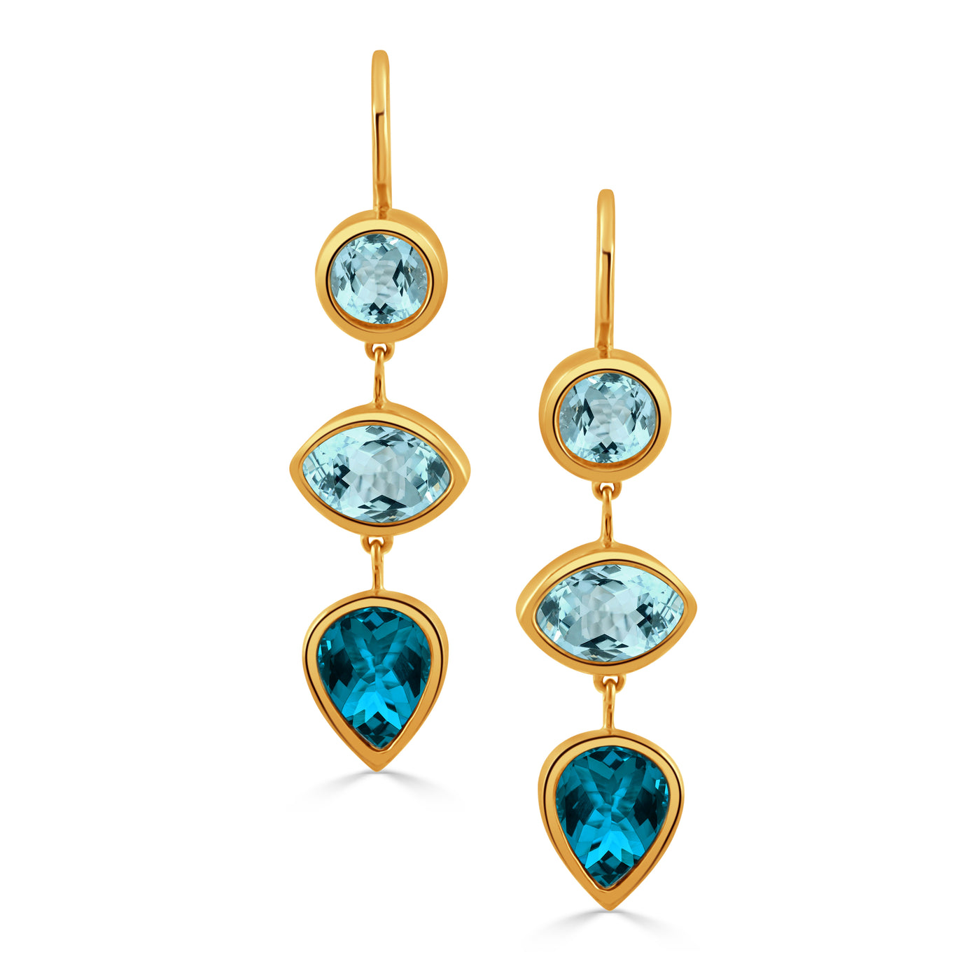 E11616LBBT-Y-18K YELLOW GOLD EARRING WITH SKY BLUE TOPAZ TOP SWISS BLUE TOPAZ MIDDLE AND LONDON BLUE TOPAZ BOTTOM STONES
