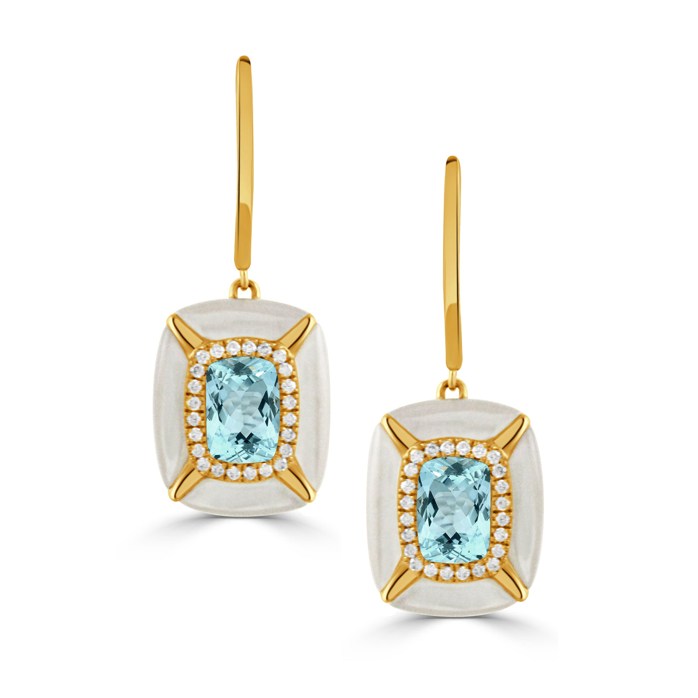 E11625WMPBT-18K YELLOW GOLD DIAMOND EARRING WITH WHITE MOTHER OF PEARL BORDERS AND SKY BLUE TOPAZ CENTER STONE