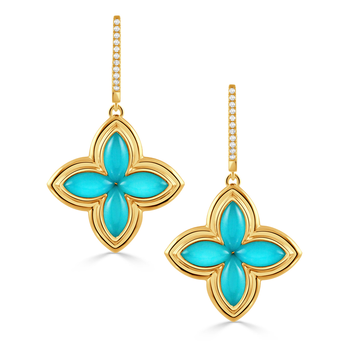 E11754TQ-Y-18K YELLOW GOLD DIAMOND EARRING WITH CABOCHON CUT CLEAR QUARTZ OVER TURQUOISE