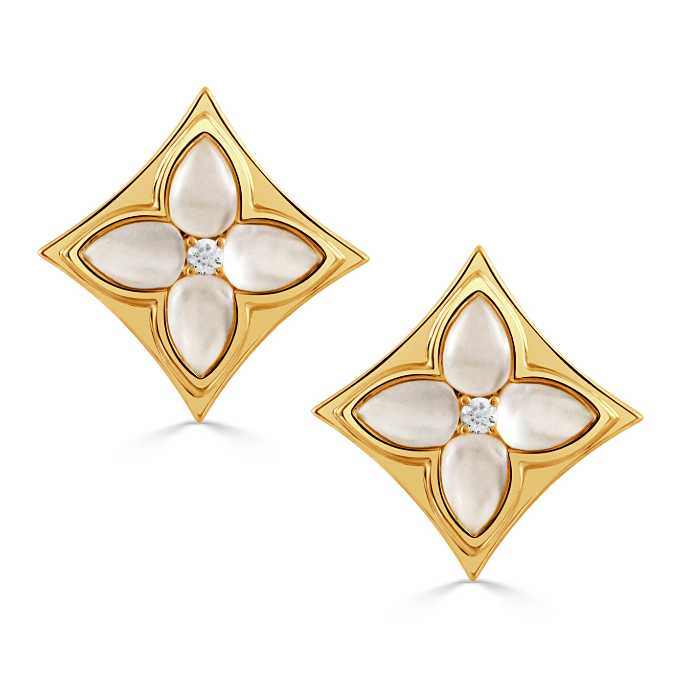 E11764WMP-18K YELLOW GOLD DIAMOND EARRING WITH CABOCHON CUT CLEAR QUARTZ OVER WHITE MOTHER OF PEARL