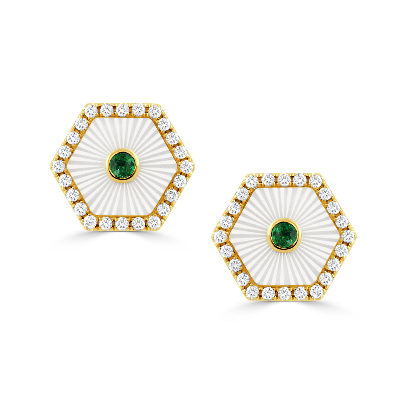E11971TSMP-A-18K YELLOW GOLD DIAMOND EARRING WITH CARVED WHITE MOTHER OF PEARL AND TSAVORITE CENTER STONE