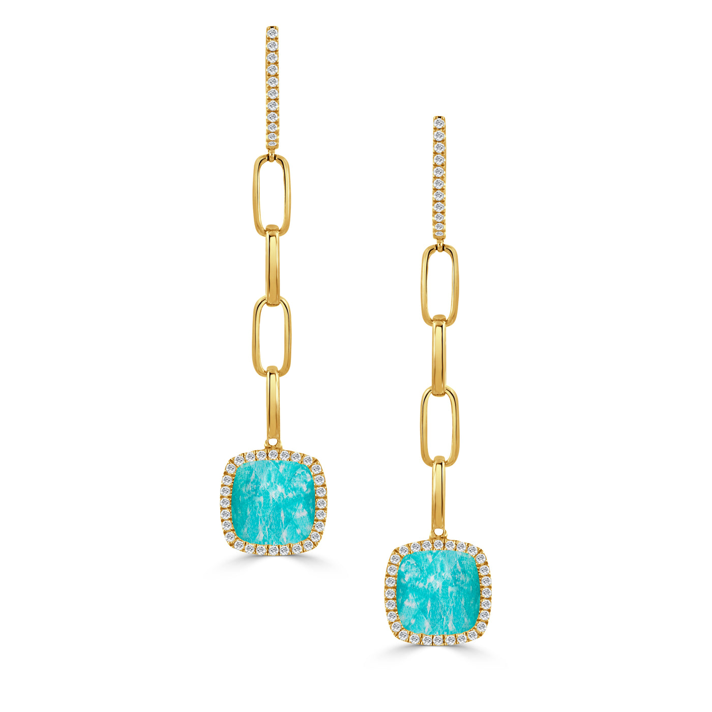 E7108AZ-3-18K YELLOW GOLD DIAMOND EARRING WITH CLEAR QUARTZ OVER AMAZONITE