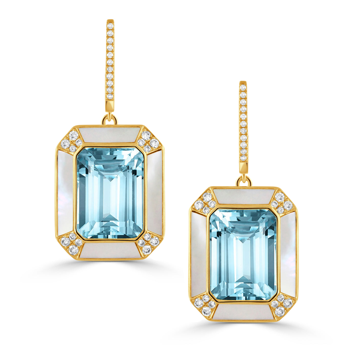 E8897WMPBT-18K YELLOW GOLD DIAMOND EARRING WITH WHITE MOTHER OF PEARL BORDERS AND LIGHT BLUE TOPAZ CENTER