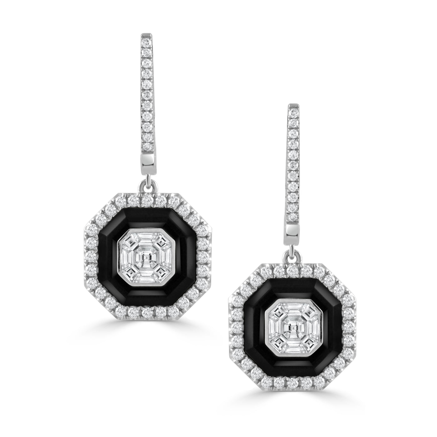E9220BO-1-18K WHITE GOLD INVISIBLE SET DIAMOND EARRING WITH BLACK ONYX