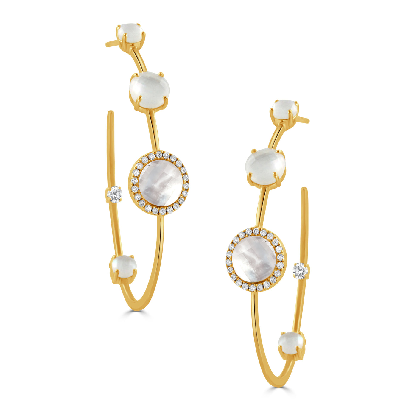 E9955WMP-18K YELLOW GOLD DIAMOND EARRING WITH CLEAR QUARTZ OVER WHITE MOTHER OF PEARL