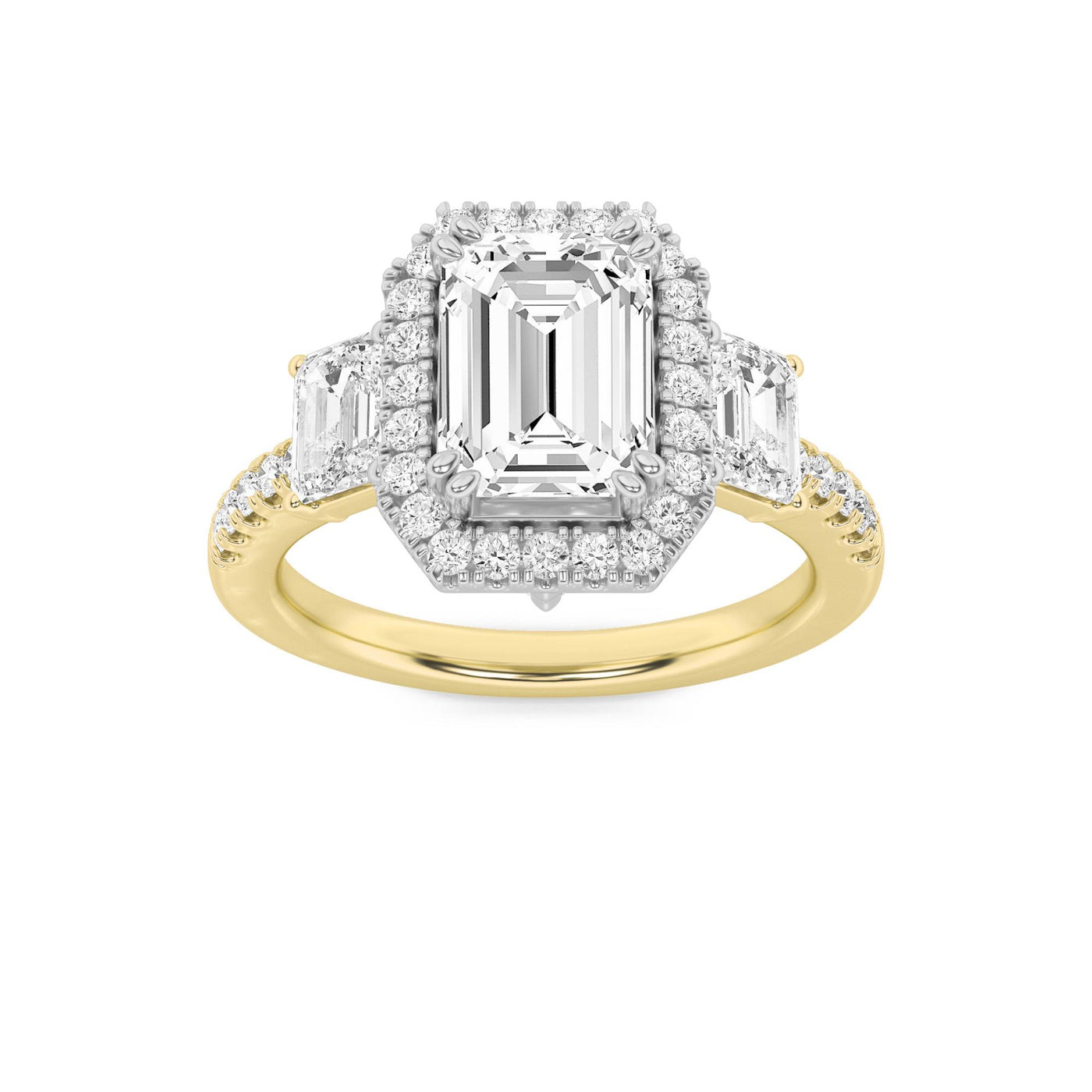 14KWG 3ct Lab Diamond Emerald 3-Stone Engagement Ring