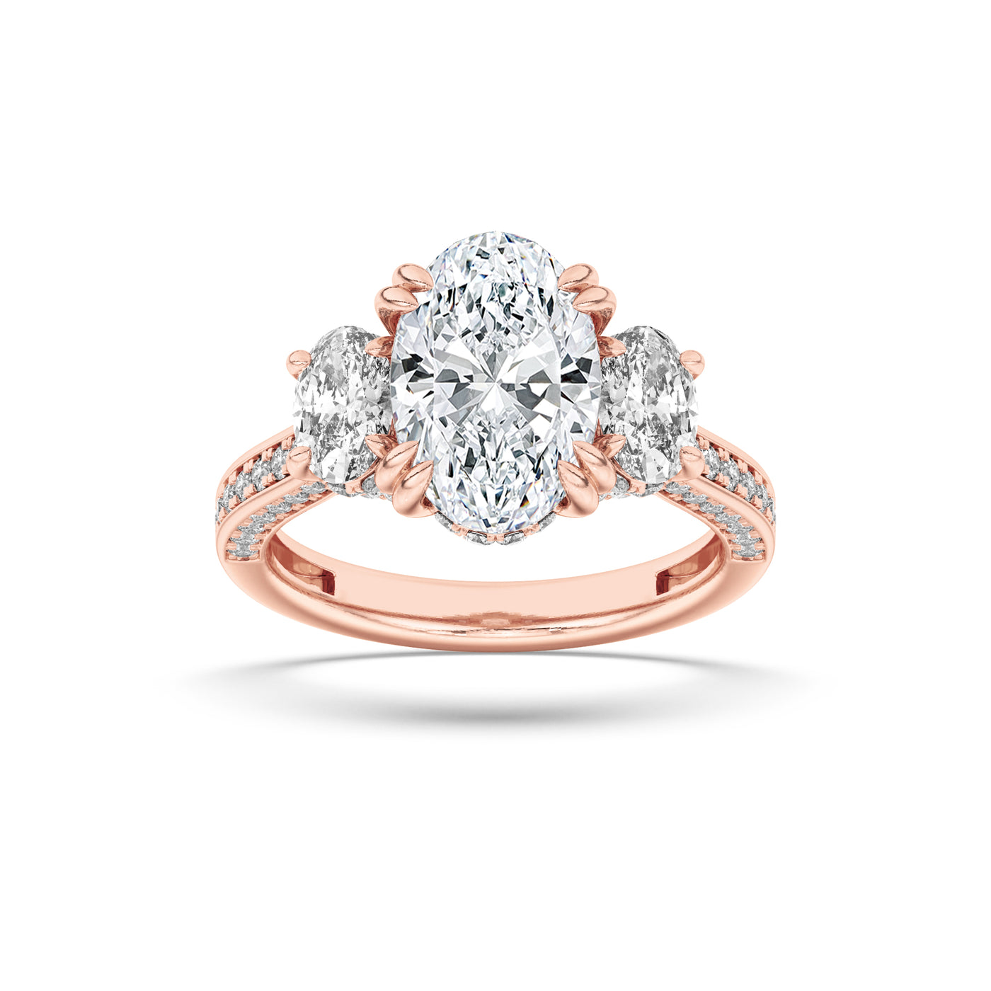 14K Rose Gold 5ct Oval Lab Diamond Three-Stone Ring
