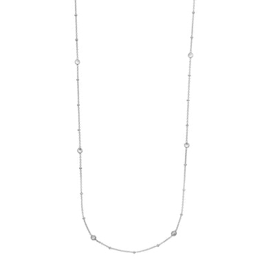 Sterling Silver Mini Bead and CZ Bezel Station Long Necklace