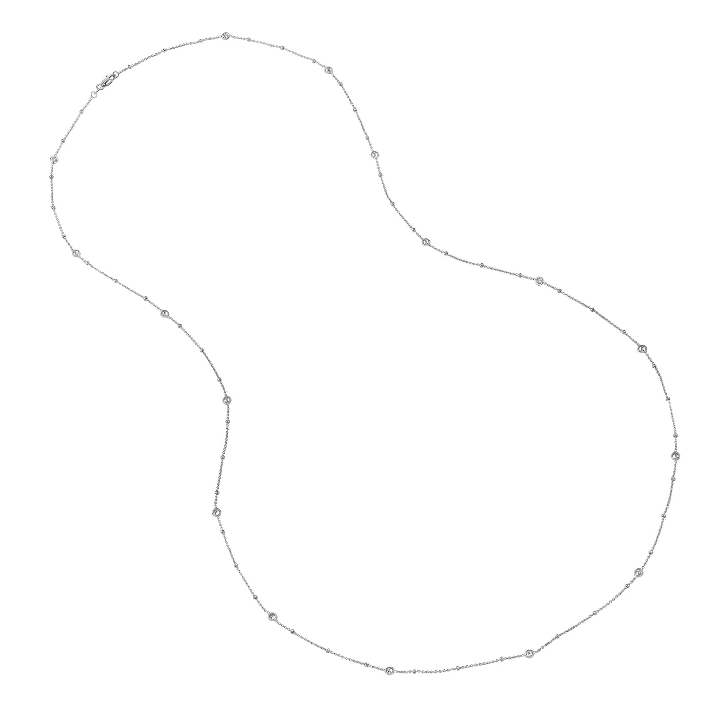 Sterling Silver Mini Bead and CZ Bezel Station Long Necklace