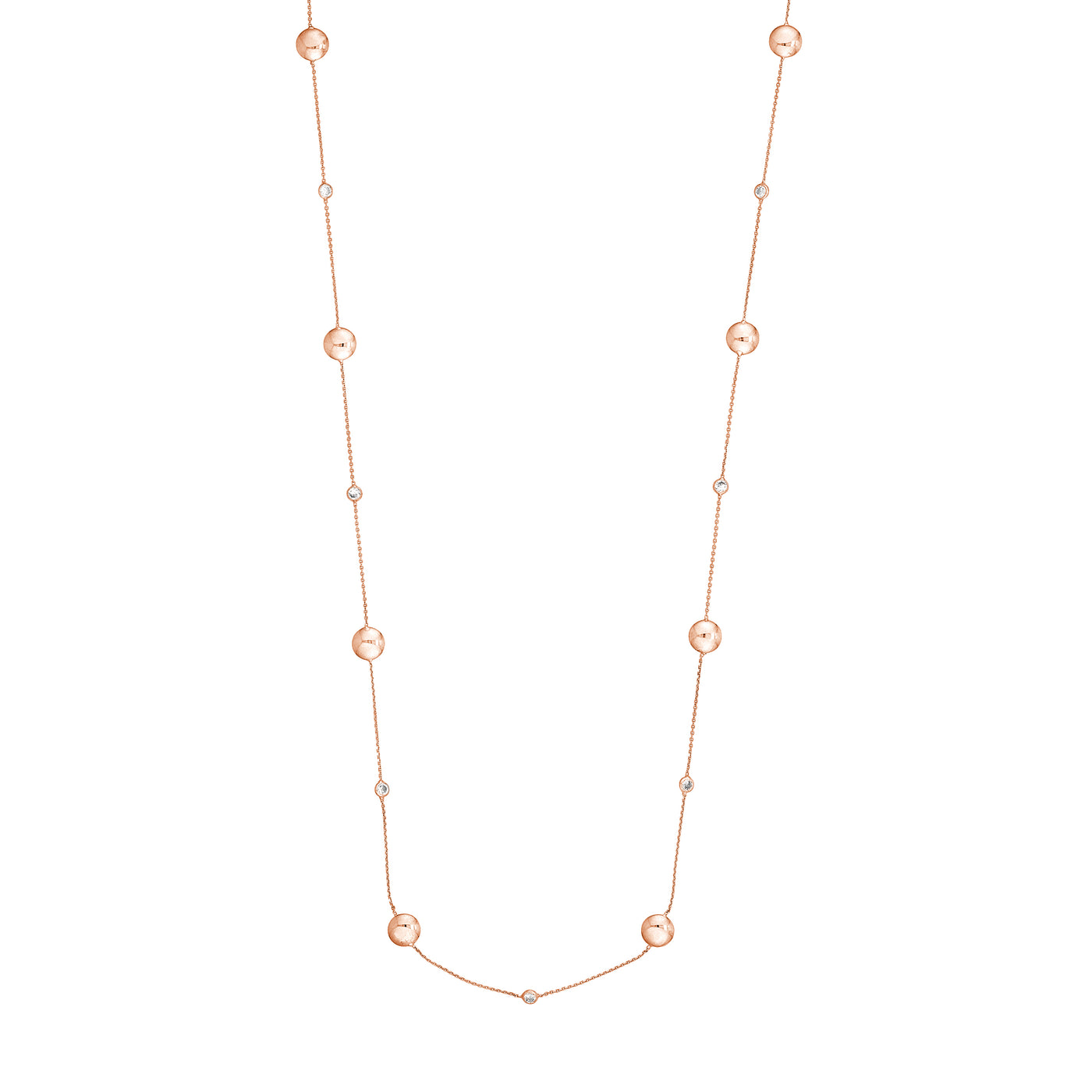 Sterling Silver Polished Bead and CZ Station Long Necklace