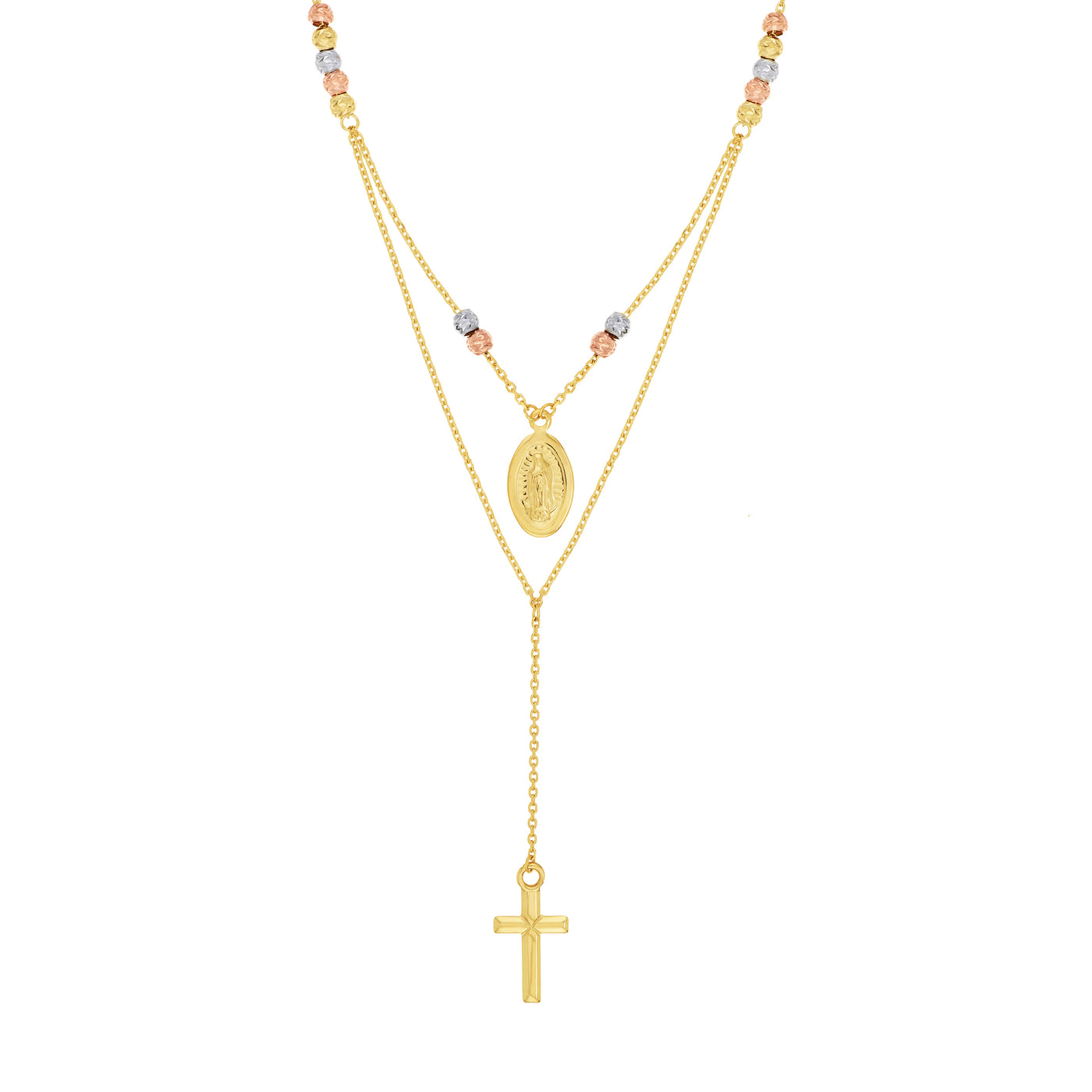 Tri-Color Virgin Mary and Cross Duo Necklace