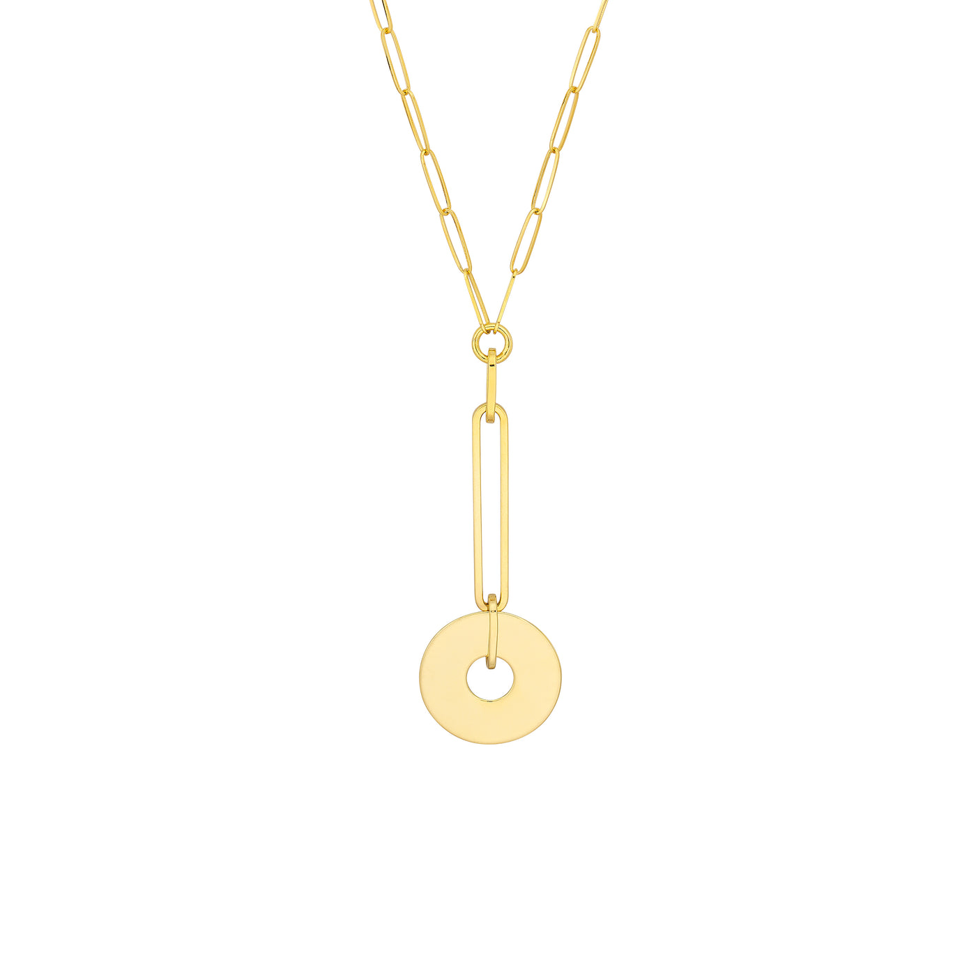 Paper Clip Chain Y-Necklace with Disc Drop