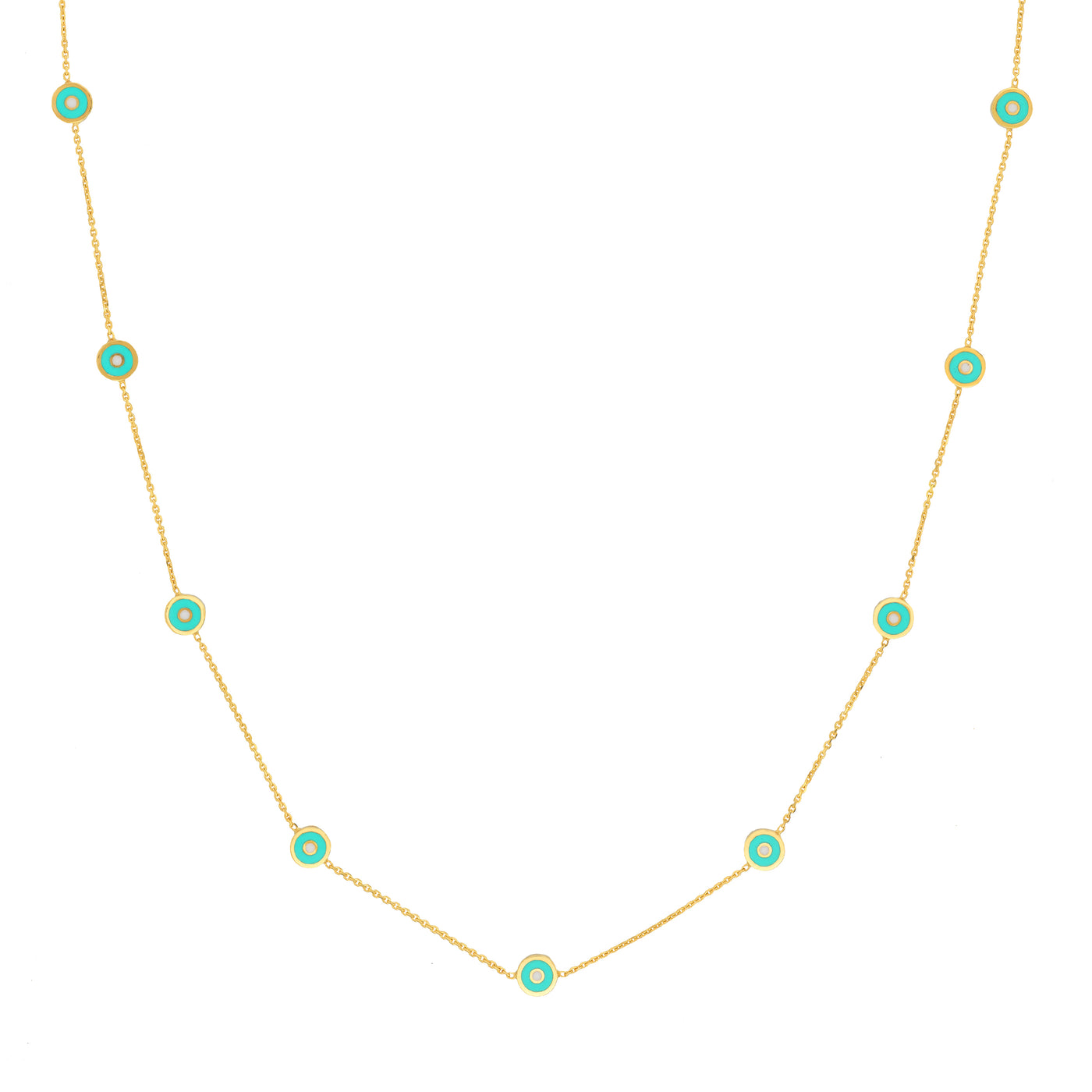 Lt. Turquoise Enamel Round Evil Eye Station Necklace