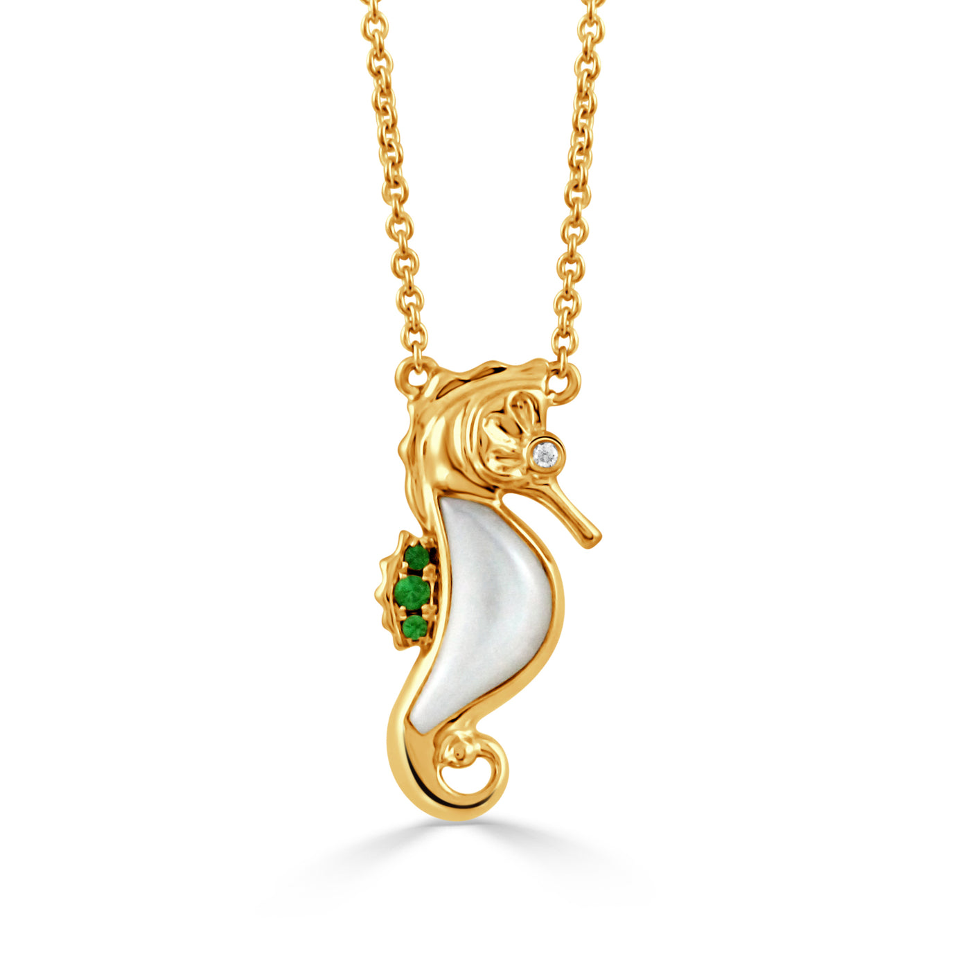 N12201TSMP-18K YELLOW GOLD DIAMOND SEAHORSE NECKLACE WITH WHITE MOTHER OF PEARL AND TSAVORITE