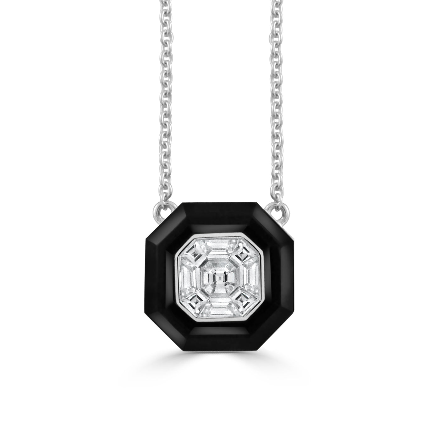 N9176BO-1-18K WHITE GOLD INVISIBLE SET DIAMOND NECKLACE WITH BLACK ONYX