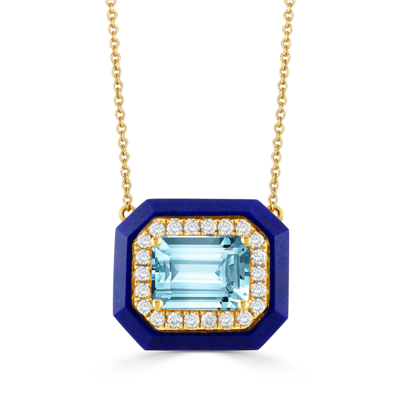 N9254LPBT-18K YELLOW GOLD DIAMOND NECKLACE WITH LAPIS BORDERS AND SKY BLUE TOPAZ CENTER STONE