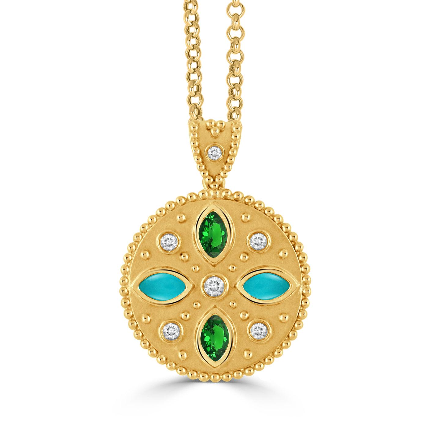 P10435TSTQ-18K YELLOW GOLD DIAMOND PENDANT WITH TSAVORITE AND CABOCHON CUT CLEAR QUARTZ OVER TURQUOISE CENTER
