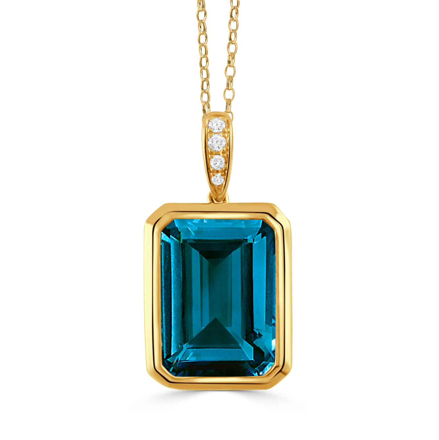 P10727LBT-Y-18K YELLOW GOLD DIAMOND PENDANT WITH LONDON BLUE TOPAZ CENTER ON A DIAMOND BAIL
