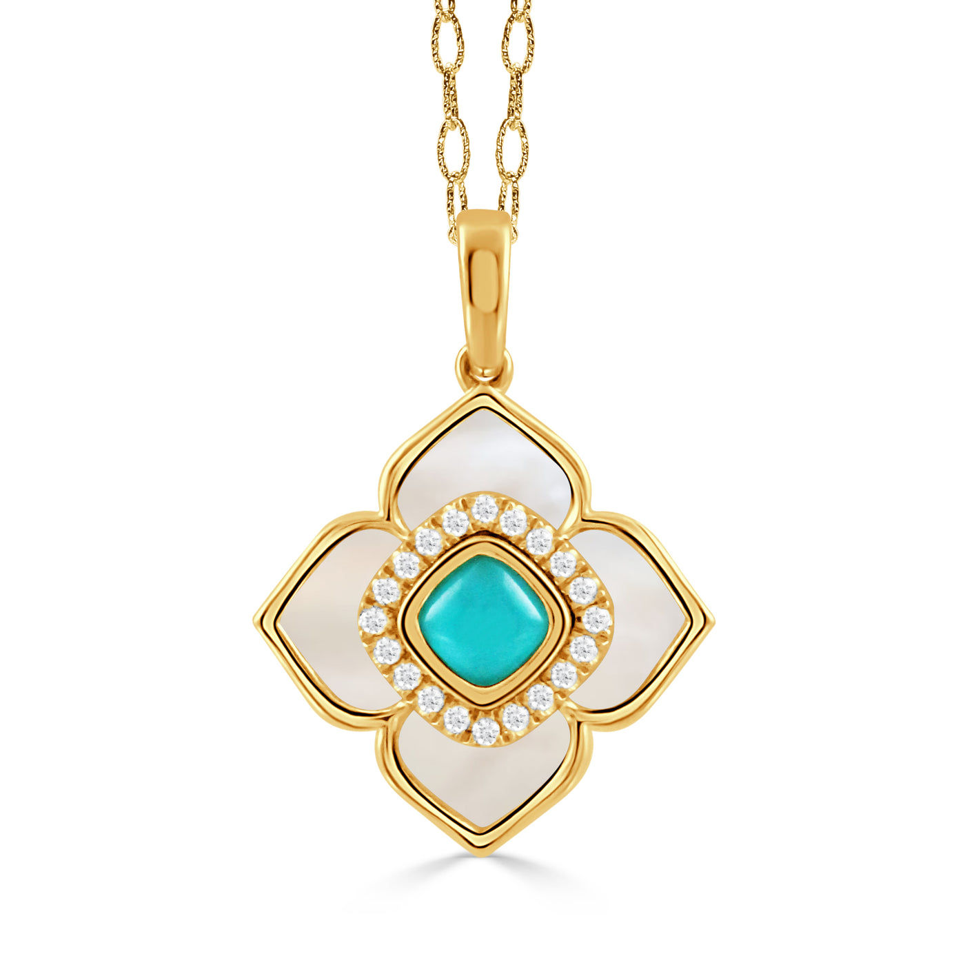 P11915WMPTQ-18K YELLOW GOLD DIAMOND PENDANT WITH CABOCHON CUT CLEAR QUARTZ OVER TURQUOISE CENTER AND WHITE MOTHER OF PEARL