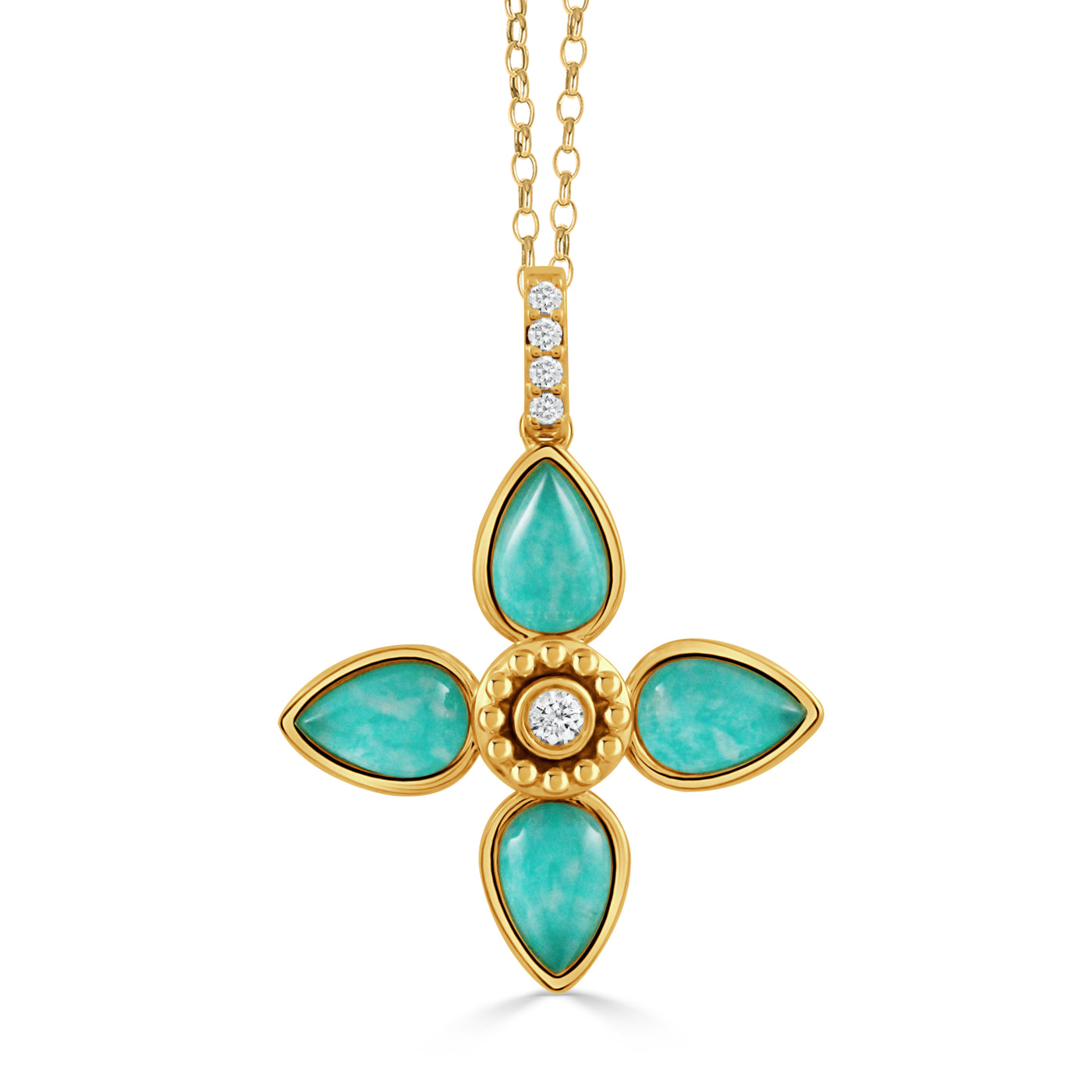 P11953AZ-18K YELLOW GOLD DIAMOND PENDANT WITH CABOCHON CUT CLEAR QUARTZ OVER AMAZONITE