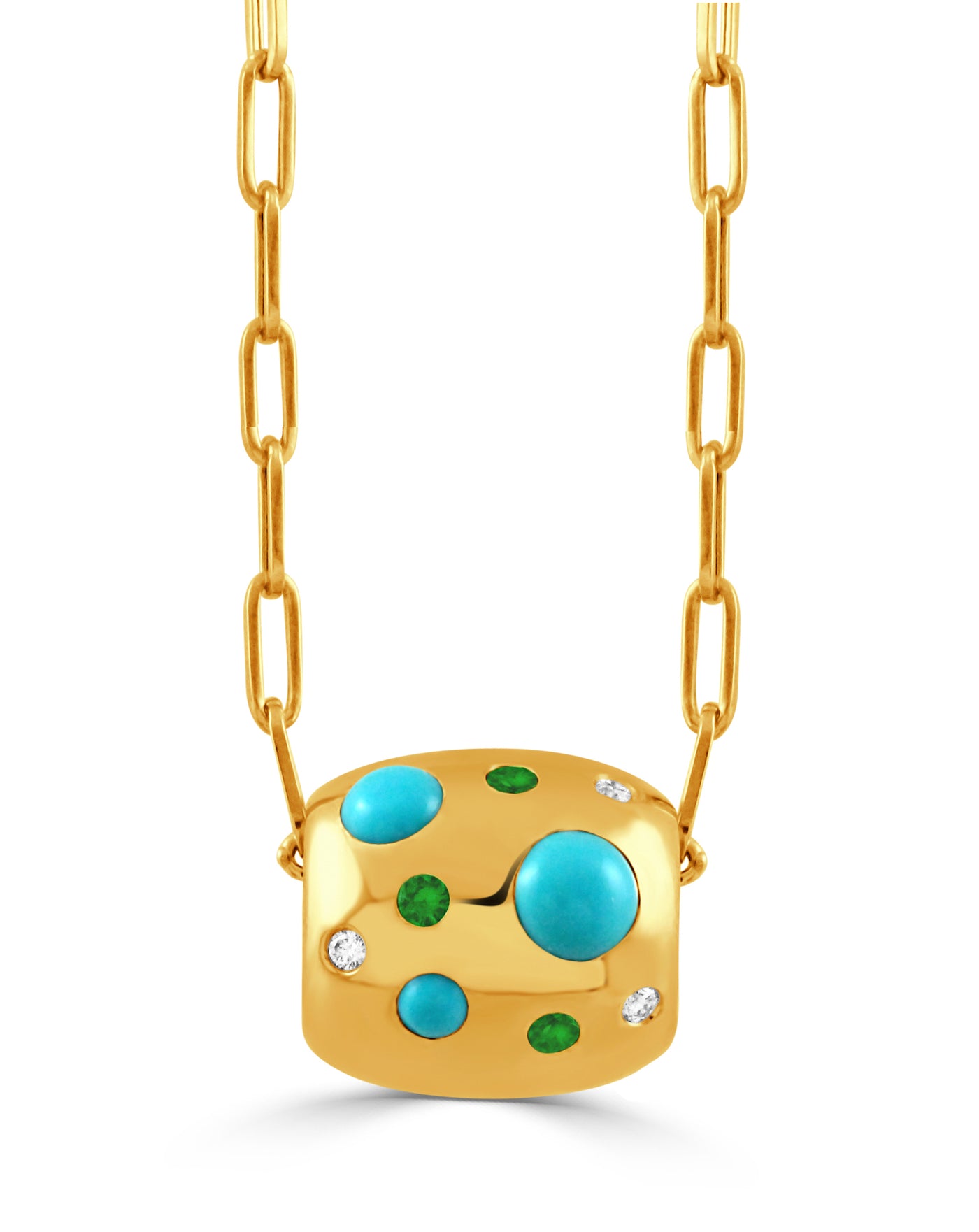 P12063TSTQ-18K YELLOW GOLD DIAMOND PENDANT WITH TSAVORITE AND  TURQUOISE