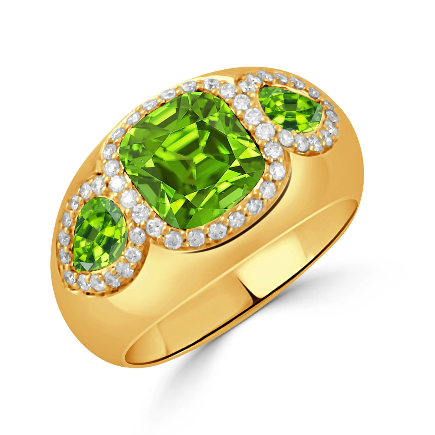 R11176PD-18K YELLOW GOLD DIAMOND RING WITH PERIDOT SIDE AND CENTER STONE