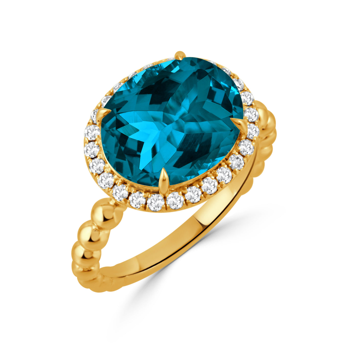 R11211LBT-Y-18K YELLOW GOLD DIAMOND RING WITH LONDON BLUE TOPAZ CENTER STONE
