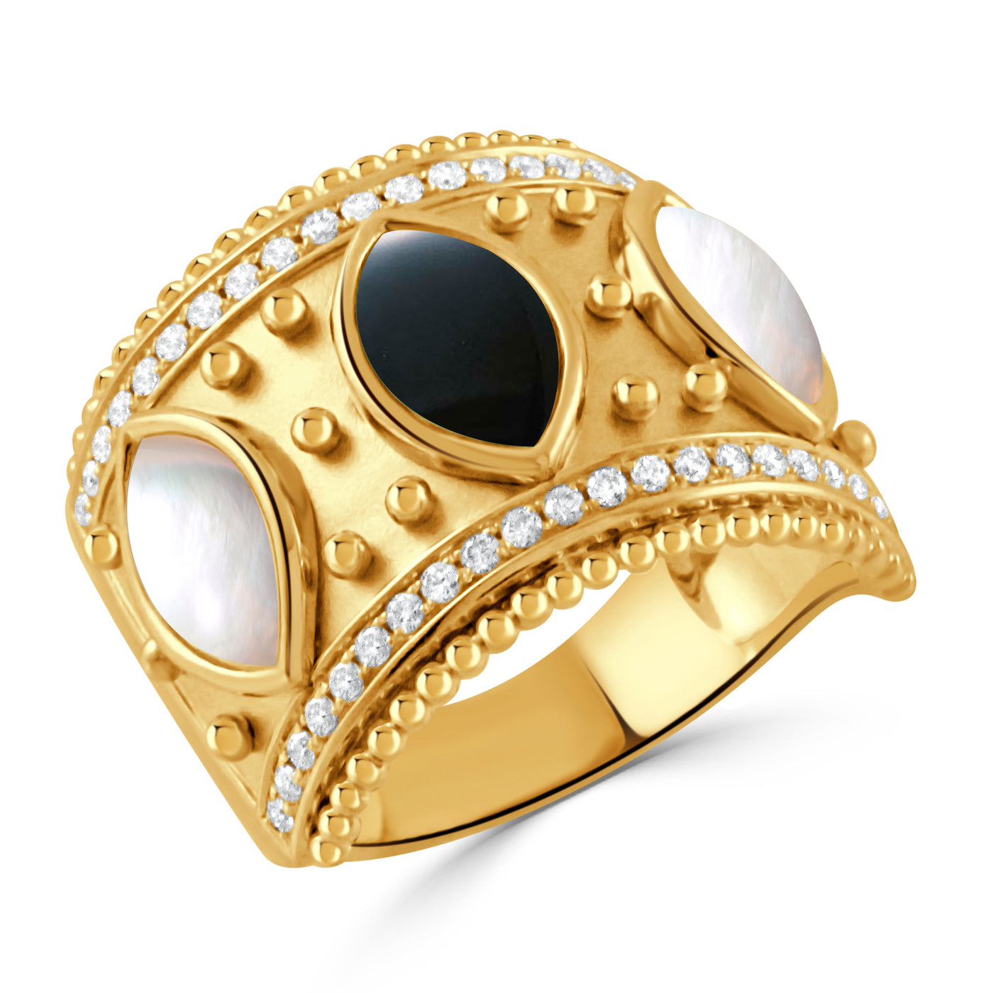 R11414BOMP-18K YELLOW GOLD RING WITH CABOCHON CLEAR QUARTZ OVER WHITE MOTHER PEARL SIDES AND CABUCHON CUT BLACK ONYX CENTER