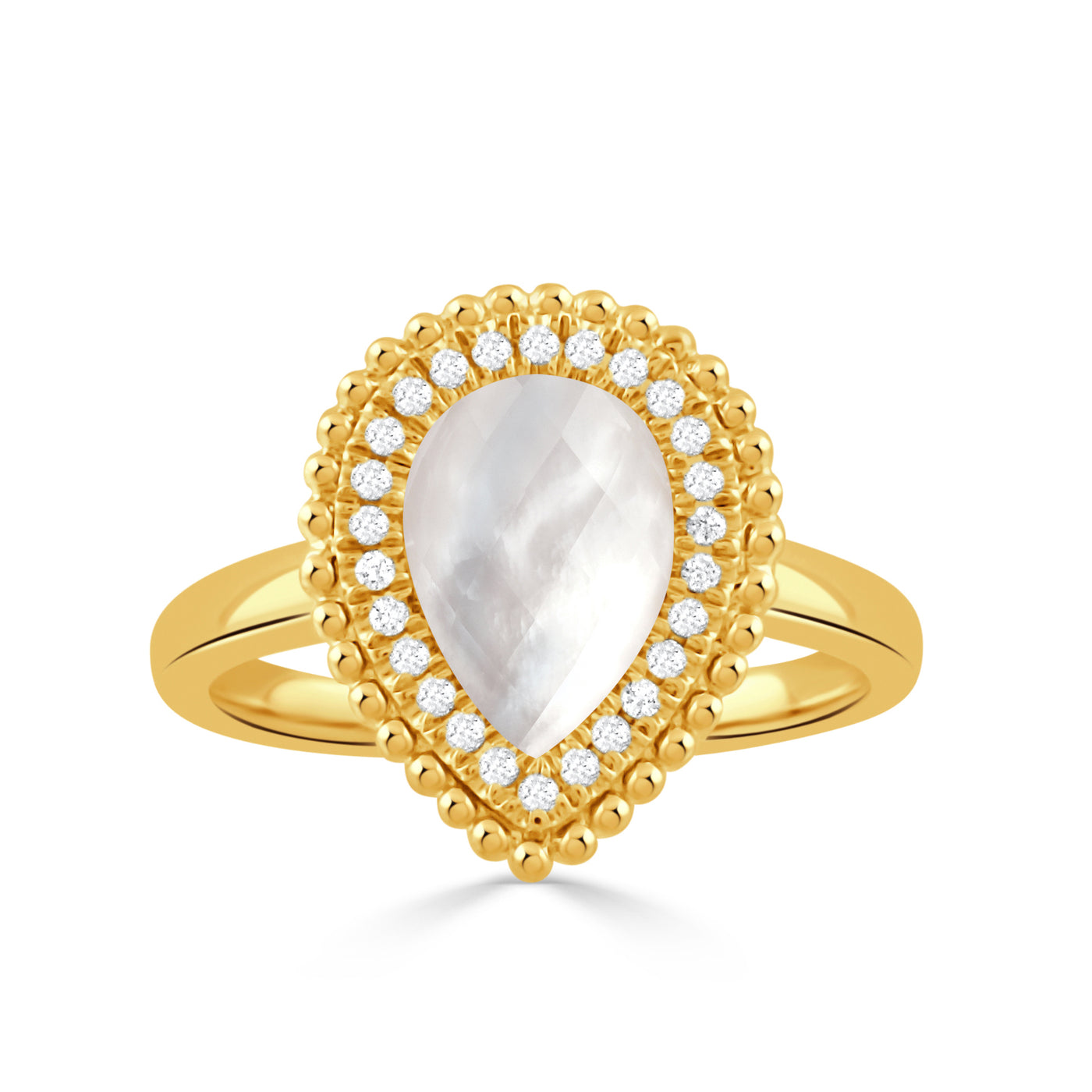 R11432WMP-18K YELLOW GOLD DIAMOND RING WITH CLEAR QUARTZ OVER WHITE MOTHER OF PEARL