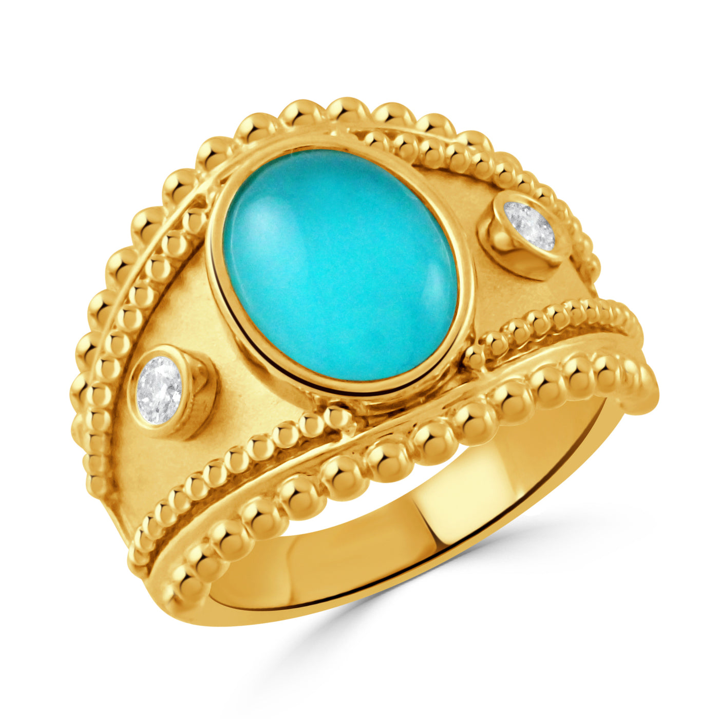 R11529TQ-Y-18K YELLOW GOLD DIAMOND RING WITH CABOCHON CUT CLEAR QUARTZ OVER TURQUOISE