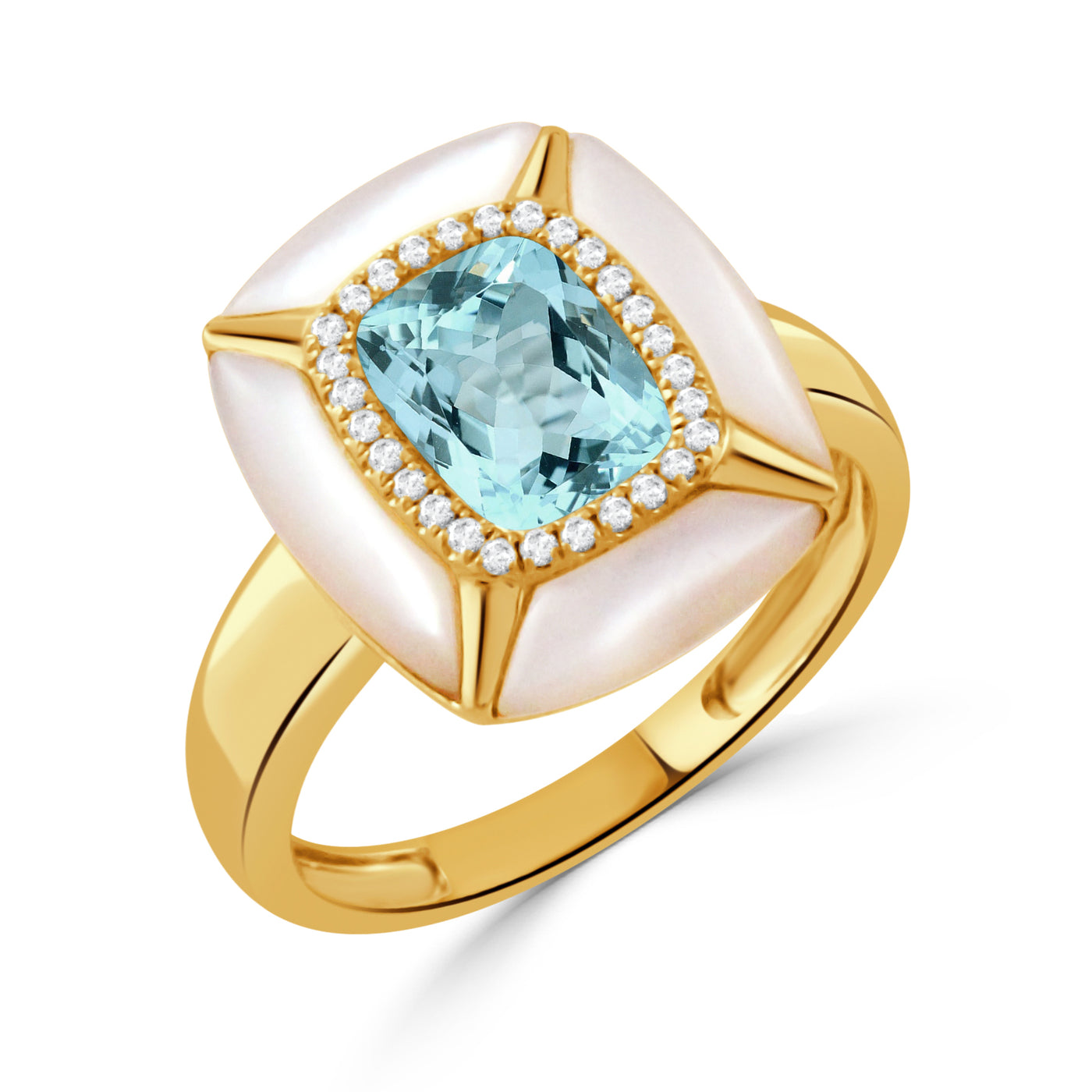 R11625WMPBT-18K YELLOW GOLD DIAMOND RING WITH WHITE MOTHER OF PEARL BORDERS AND SKY BLUE TOPAZ CENTER STONE