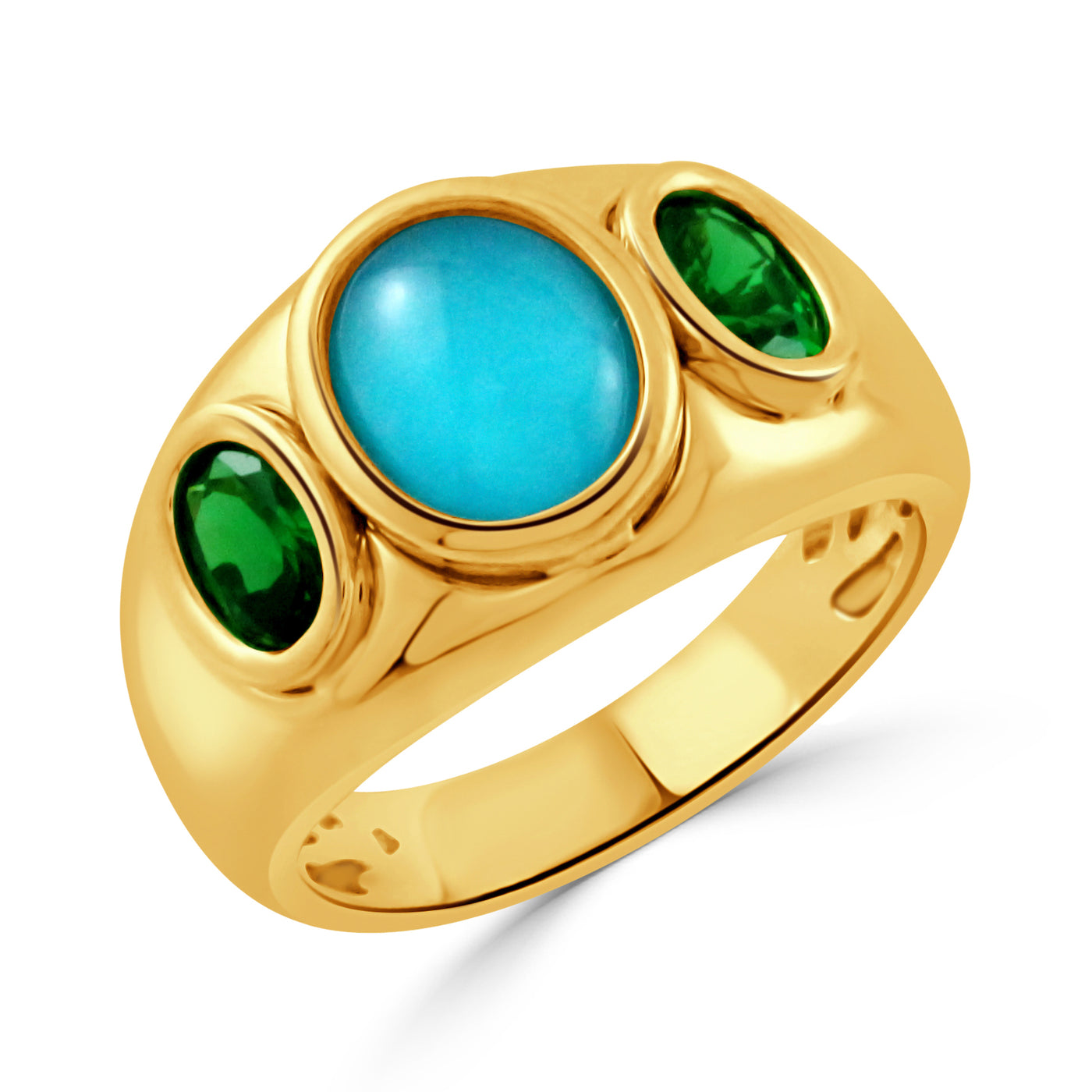 R12125TSTQ-18K YELLOW GOLD DIAMOND RING WITH TSAVORITE AND CABOCHON CUT CLEAR QUARTZ OVER TURQUOISE CENTER
