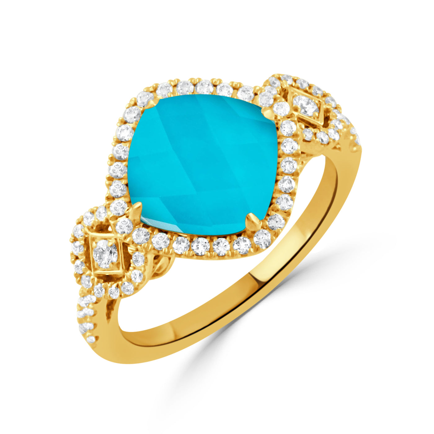 R6261TQ-Y-18K YELLOW GOLD DIAMOND RING WITH CLEAR QUARTZ OVER TURQUOISE