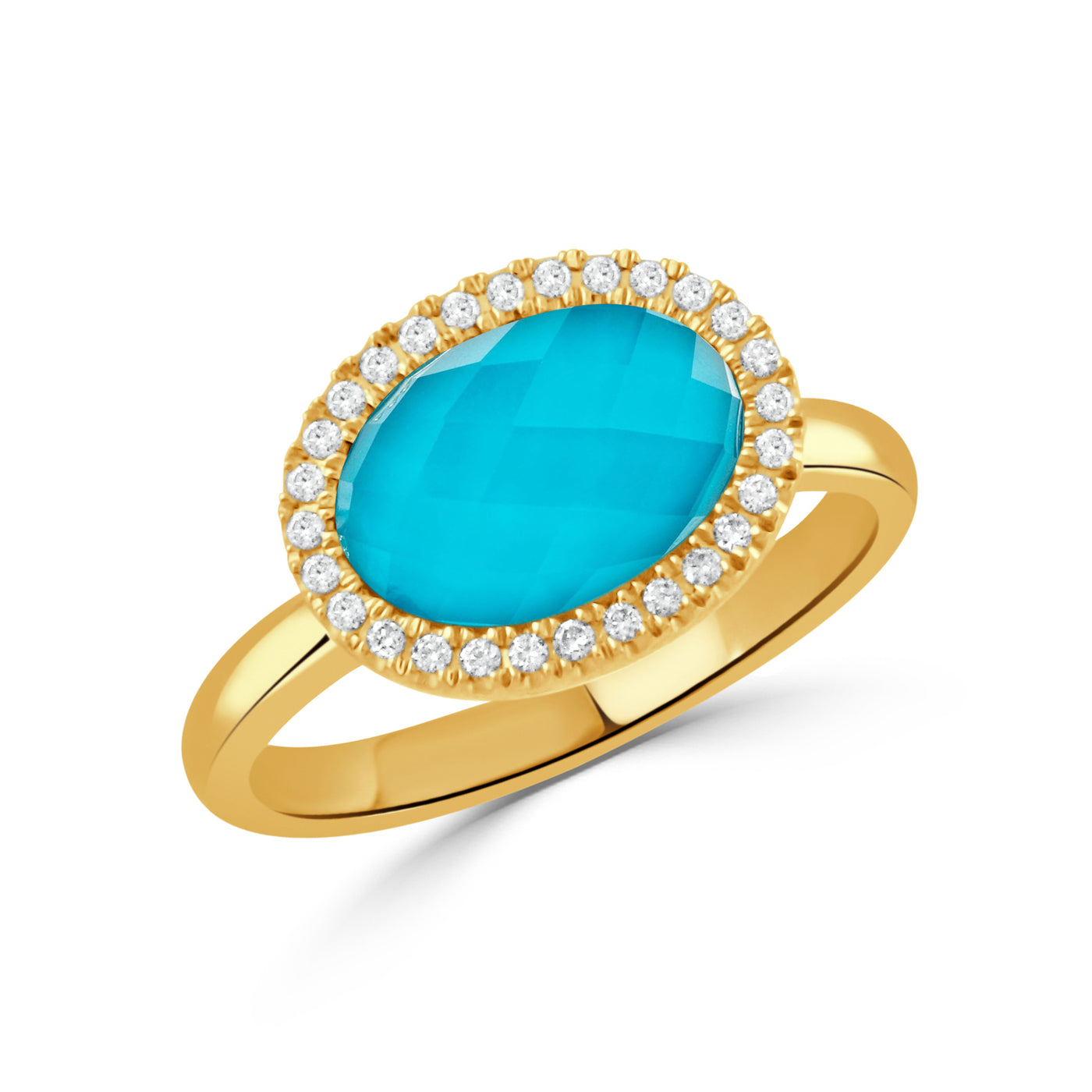 R7294TQ-1-Y-18K YELLOW GOLD DIAMOND RING WITH CLEAR QUARTZ OVER TURQUOISE