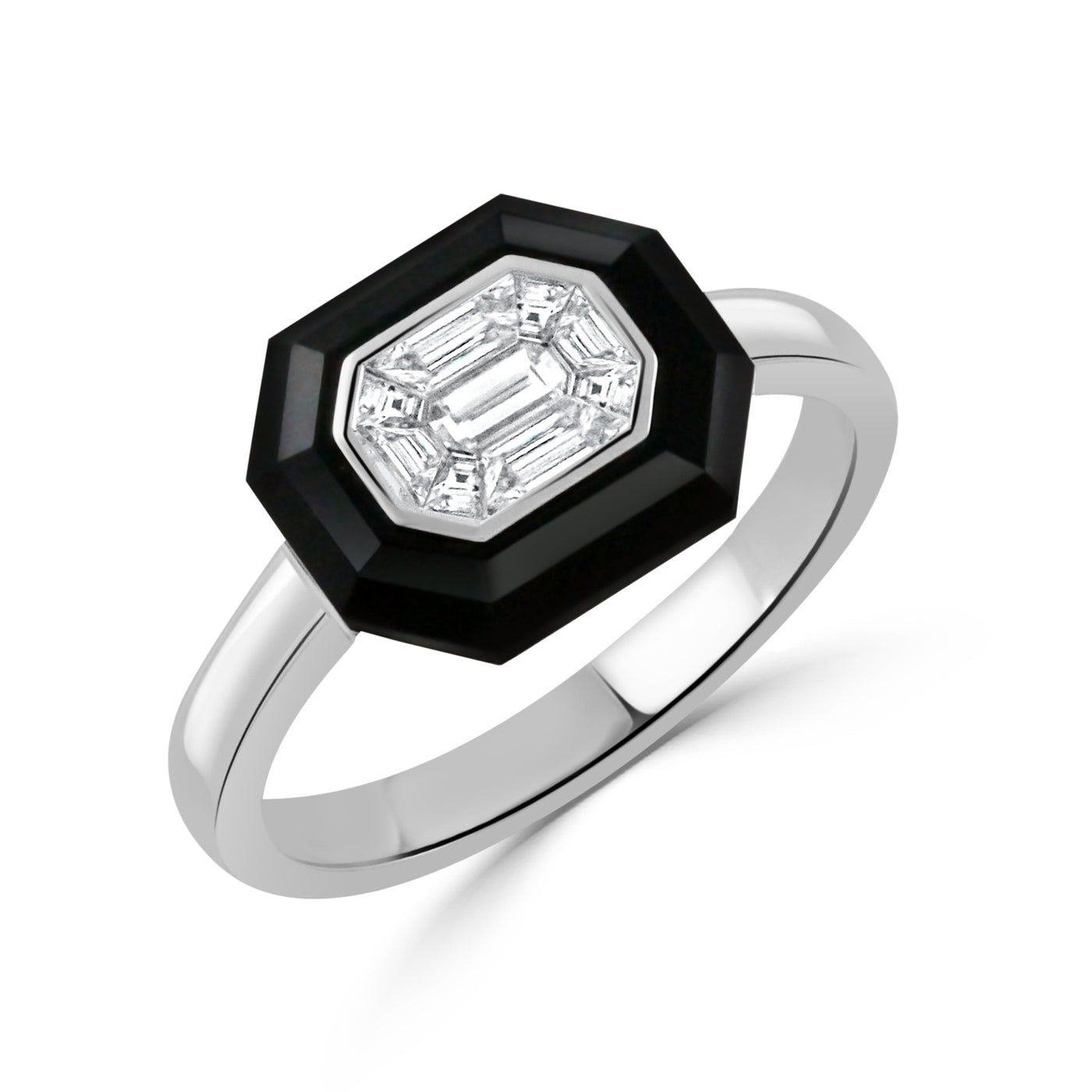 R9181BO-1-18K WHITE GOLD INVISIBLE SET DIAMOND RING WITH BLACK ONYX