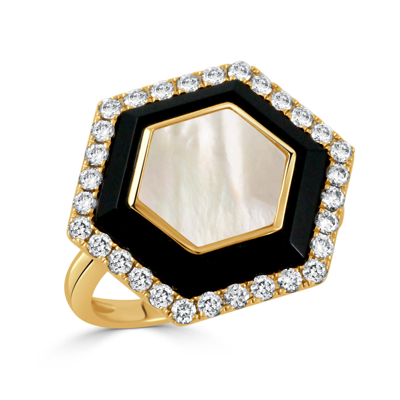 R9869BOMP-18K YELLOW GOLD DIAMOND RING WITH BLACK ONYX AND WHITE MOTHER OF PEARL CENTER