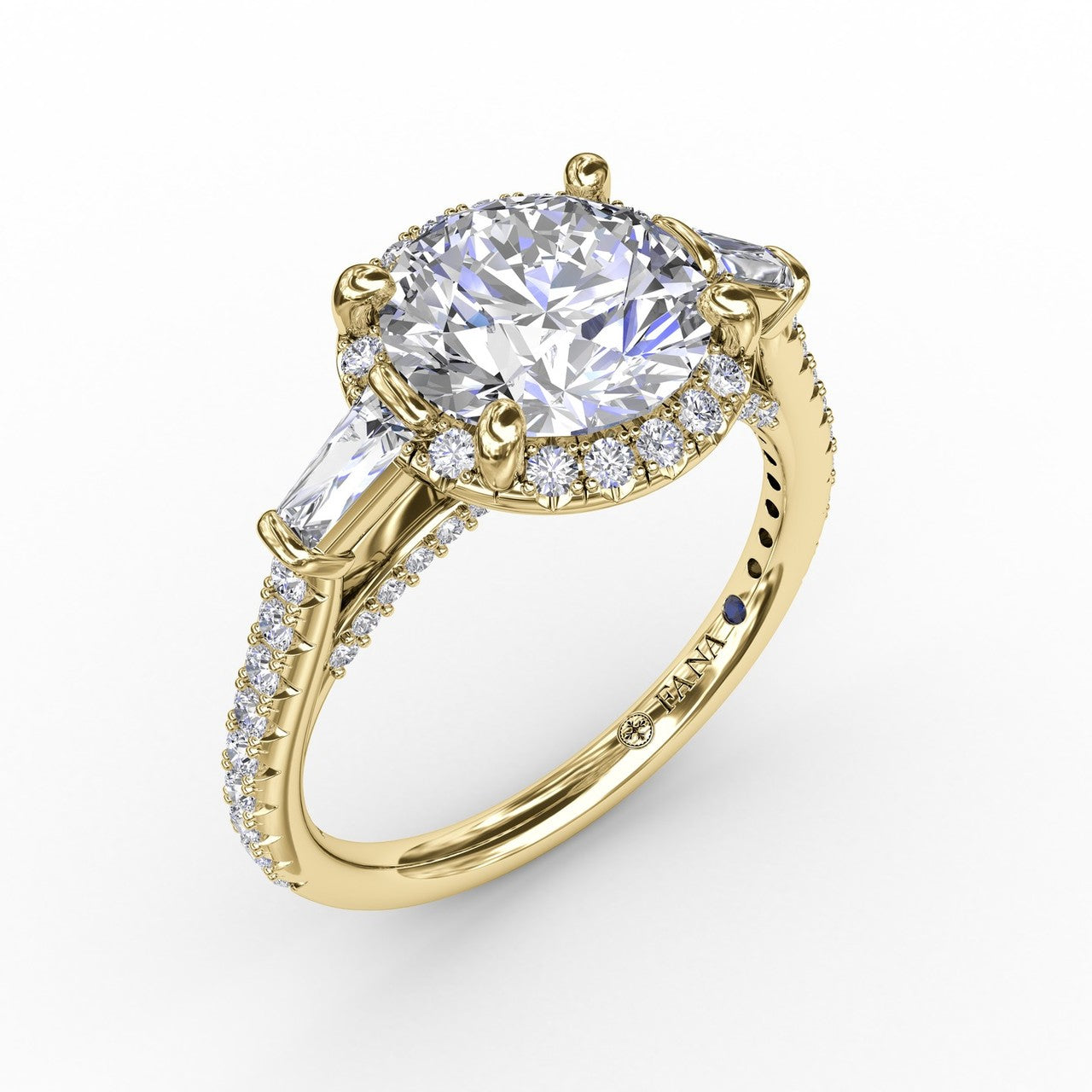 Classic Round Diamond Halo Engagement Ring With Tapered Baguettes