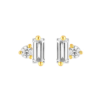 7/8tcw Square Baguette & Round Diamond Stud Earrings